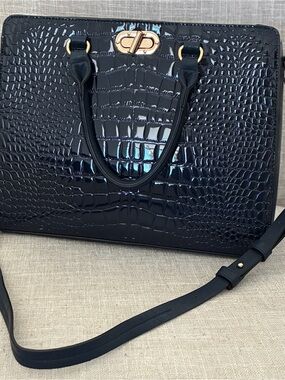 Patent Croc-Embossed Navy Satchel Handbag